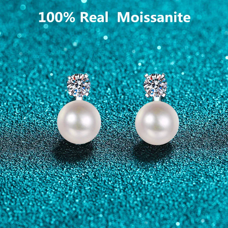 

9mm Freshwater Cultured Pearl Bridesmaid Stud Earrings With Moissanite Top Sterling Silver Ear Studs Wedding Jewelry for Brides