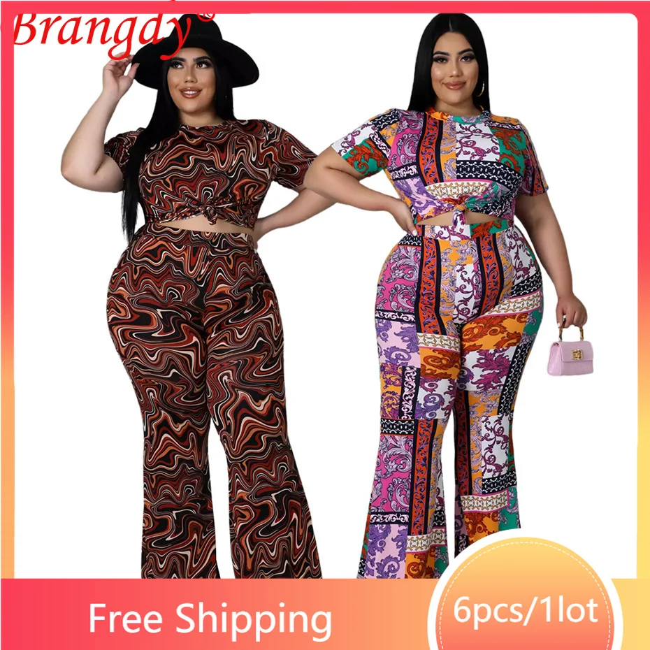 

6sets Wholesale Items Bulk Tracksuit Flare Pants 2 Piece Set Women Outfits Fashion Print Short Sleeveless B9046