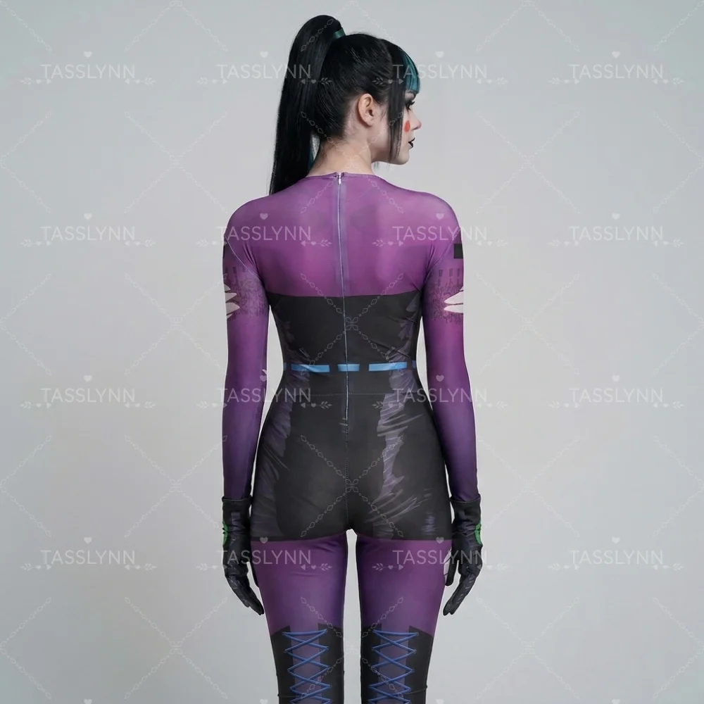 Фото Костюм для косплея Cyber Punk Clown Girl Punchline: Фиолетово-черный комбинезон-зентай с принтом, на все тело, для Хэллоуина №4