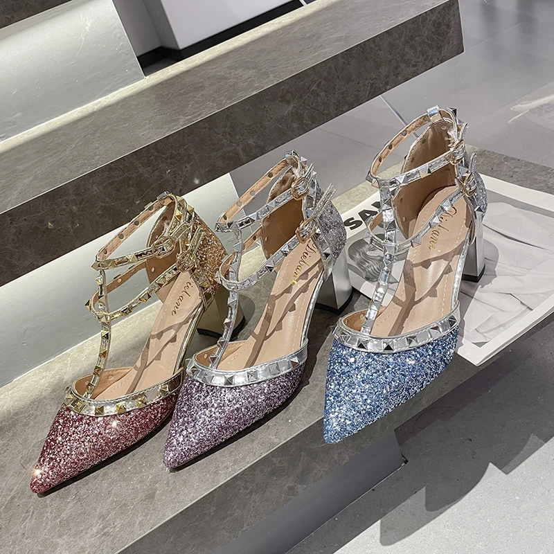 

High Heels Ladies 2022 New Pointed Toe Banquet Sexy Women's Shoes Black Wedding High Heel Rivets Thick Heel Nightclub High Heels