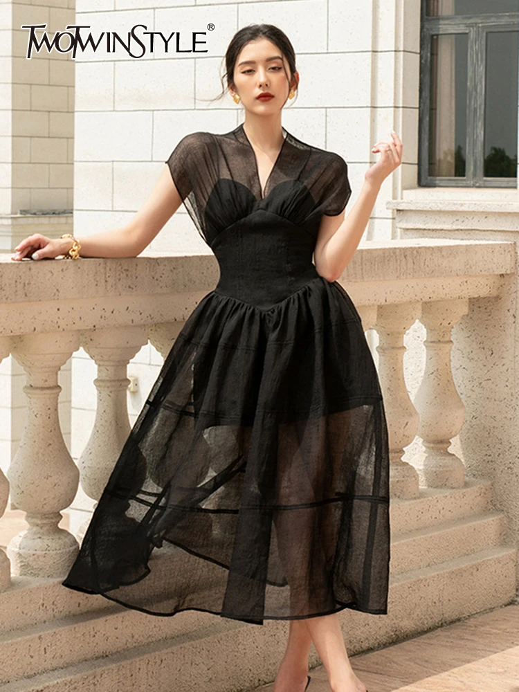 

Женское однотонное платье TWOTWINSTYLE, белое элегантное платье с V-образным вырезом, короткими рукавами, высокой талией и складками на лето 2019