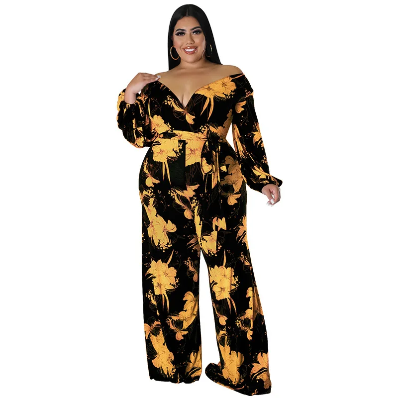 Plus Size Jumpsuits Jumpsuits for Women 2022 Elegant Print V-Neck Lace Up Long Sleeve Straight One Pieces Office Lady Autumn