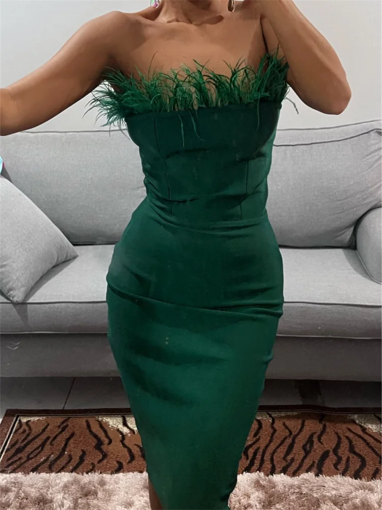 

CHRONSTYLE Fur Feather Patchwork Sexy Women Knee Length Dress 2022 Strapless Off Shoulder Party Elegant OL Pencil Dress Vestidos