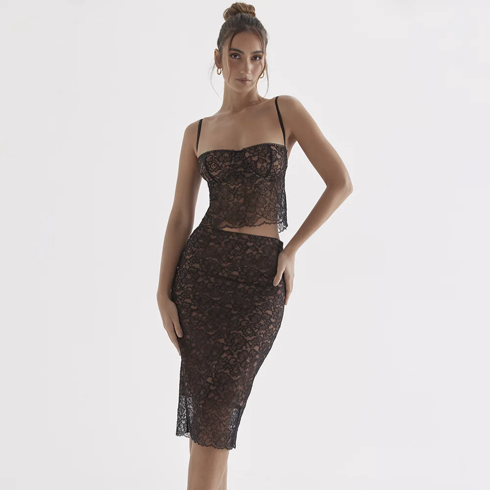 

Dansursa Sexy Black Lace Two Piece Set Spaghetti Strap Top And Bodycon Skirt 2023 New Summer 2 Piece Set Women Strapless Outfits