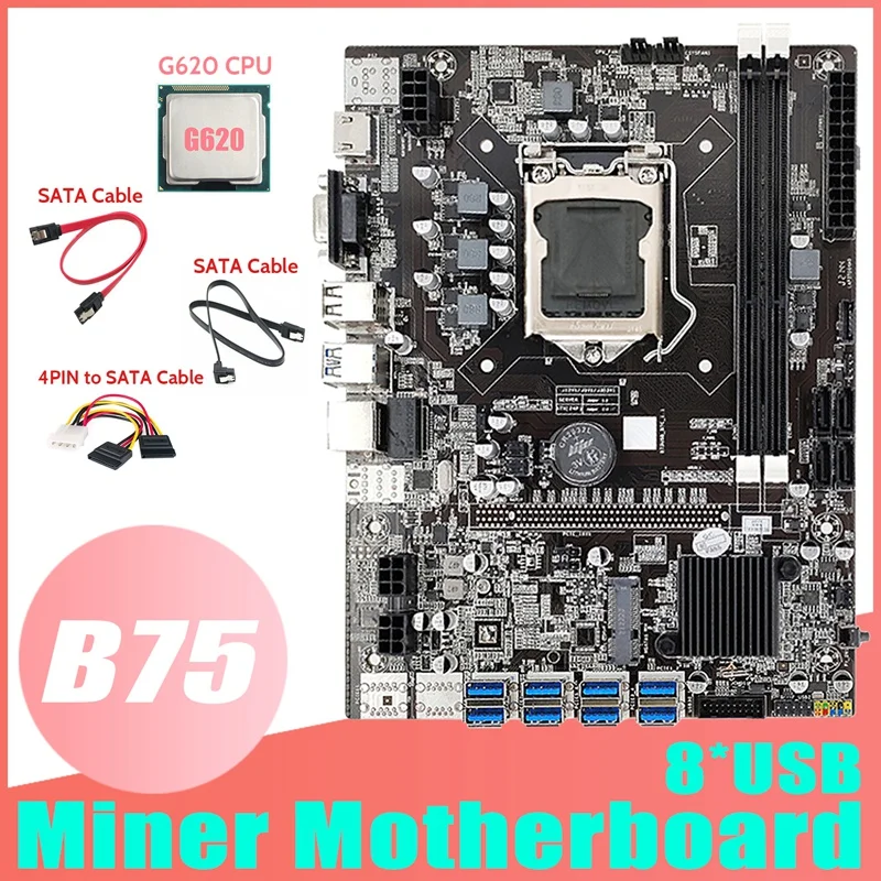 

NEW-B75 ETH Mining Motherboard 8XUSB Adapter+G620 CPU+2XSATA Cable+4PIN To SATA Cable LGA1155 B75 USB Miner Motherboard