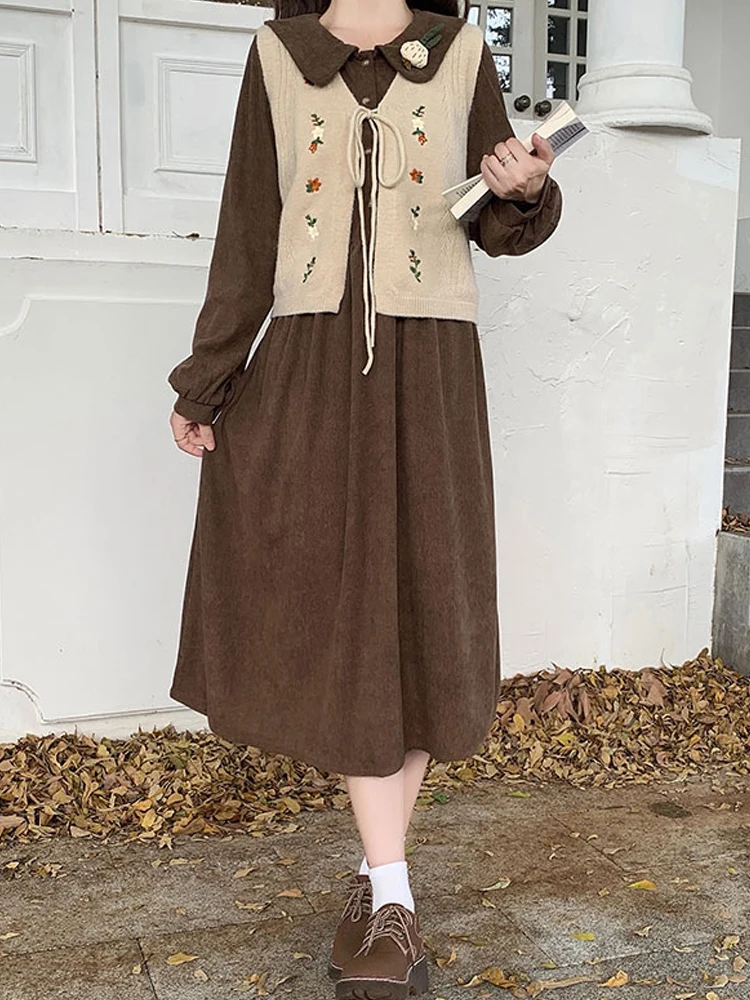 Женское вельветовое платье-рубашка с длинным рукавом и воротником Питер Пэн