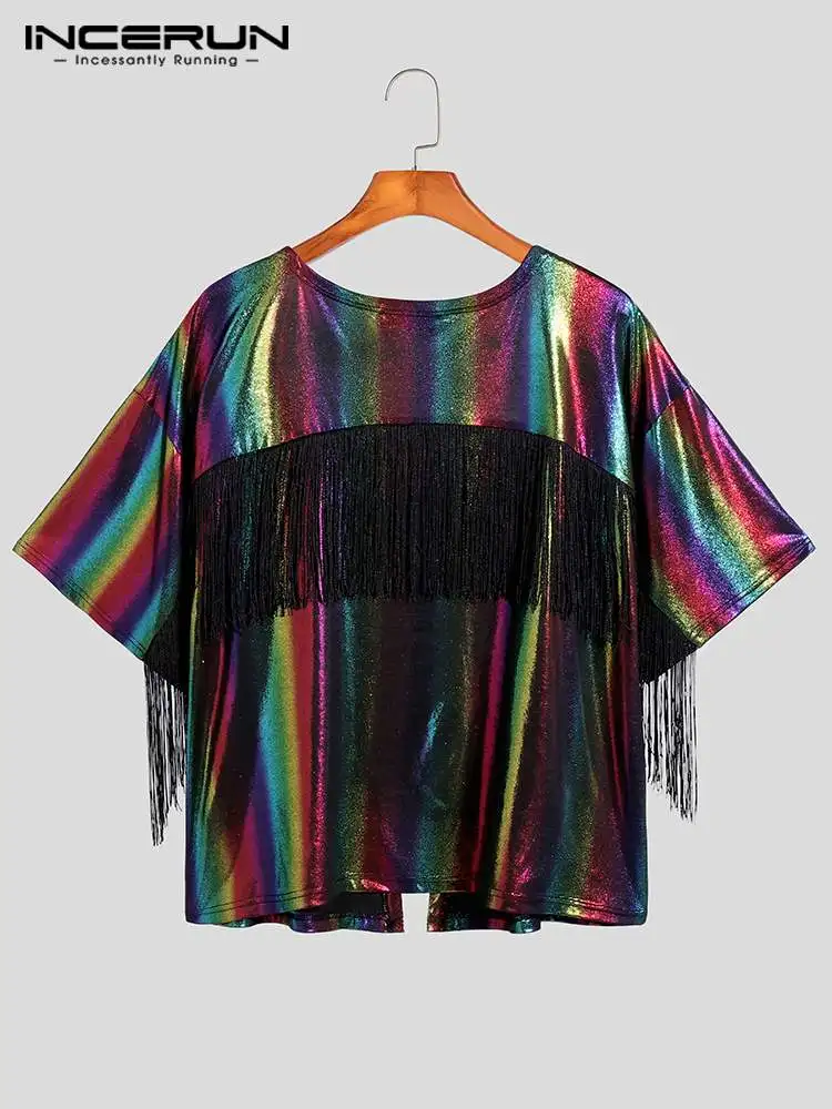 Casual Well Fitting Men Shining Tops INCERUN Handsome Back Tassel Blouse Stitching Bright Color Mid-sleeve Cardigan Shirts S-5XL