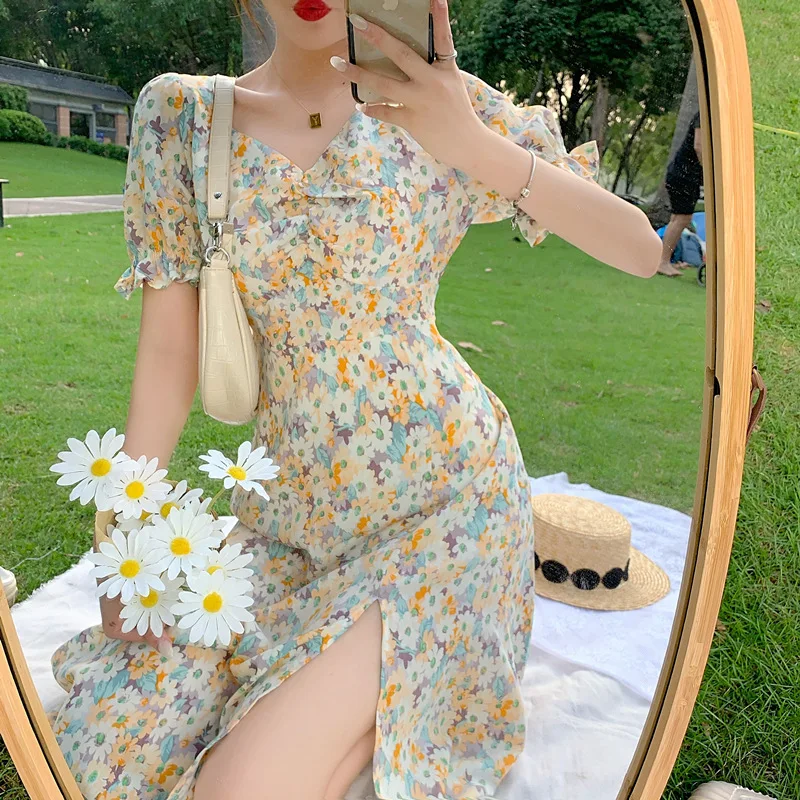 

2022 Summer New Floral Dresses Large Size Women's Fat Mm Spring and Autumn Fairy Thin Design Green Flower