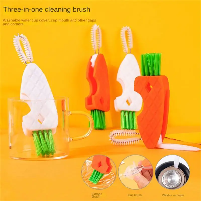 

Cup Lid Brush Cleaning Brush 3 In 1 Bottle Mouth Groove Gap Carrot Thermos Cup Scrubber Rotatable Household Kitchen Gadgets