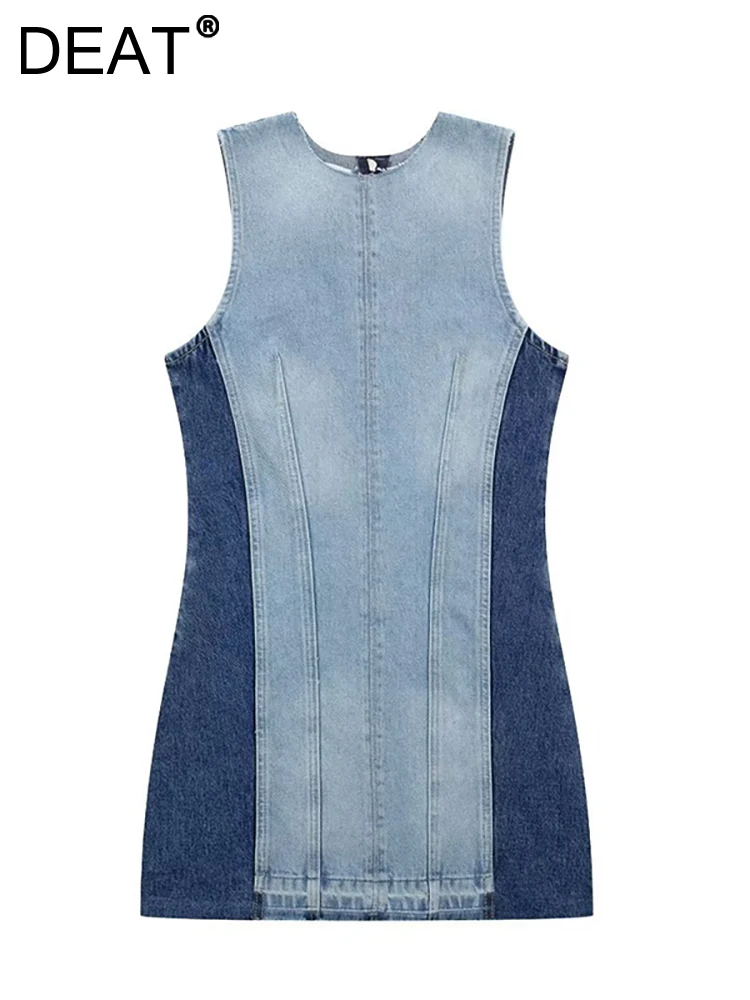 

DEAT Women's Denim Dress O-neck Sleeveless Patchwork Contrast Color Waist One piece Dresses 2023 Autumn New Fashion 29L1575