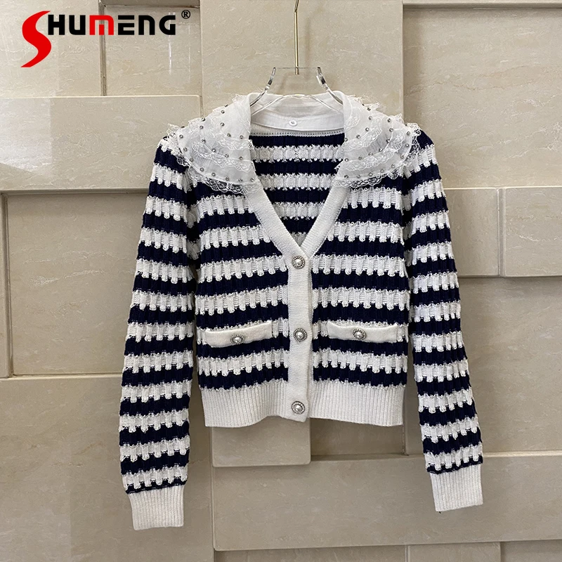 Ladies 2022 Spring New French Style Lace Peter Pan Collar Knitted Cardigan Coat Women's Fashion Elegant Striped V-neck Sweater