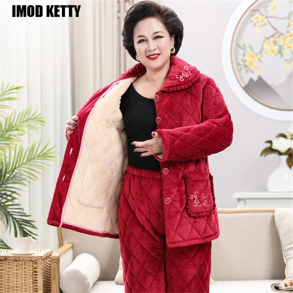 

Winter Thick Elastic Waist Pants SuitsMid-Long pajamas women's three-layer velvet coral fleece jacket Women Mom Women Pajamas
