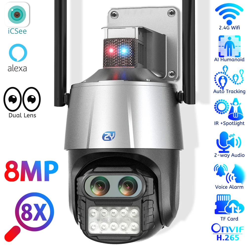 

8MP 4K Outdoor Wifi Camera with Anti-theft Siren Alarm Dual Lens 8X Zoom PTZ Speed Dome Camera Ai Auto Tracking CCTV IP Camera