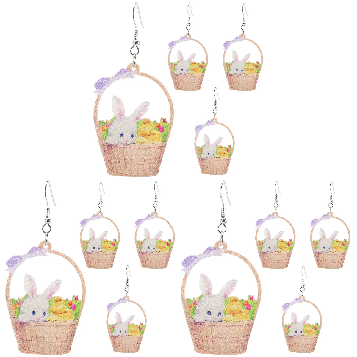 

6 Pairs Easter Earrings Easter Bunny and Chicks in a Basket Shape Ear Drop Ear Jewelry