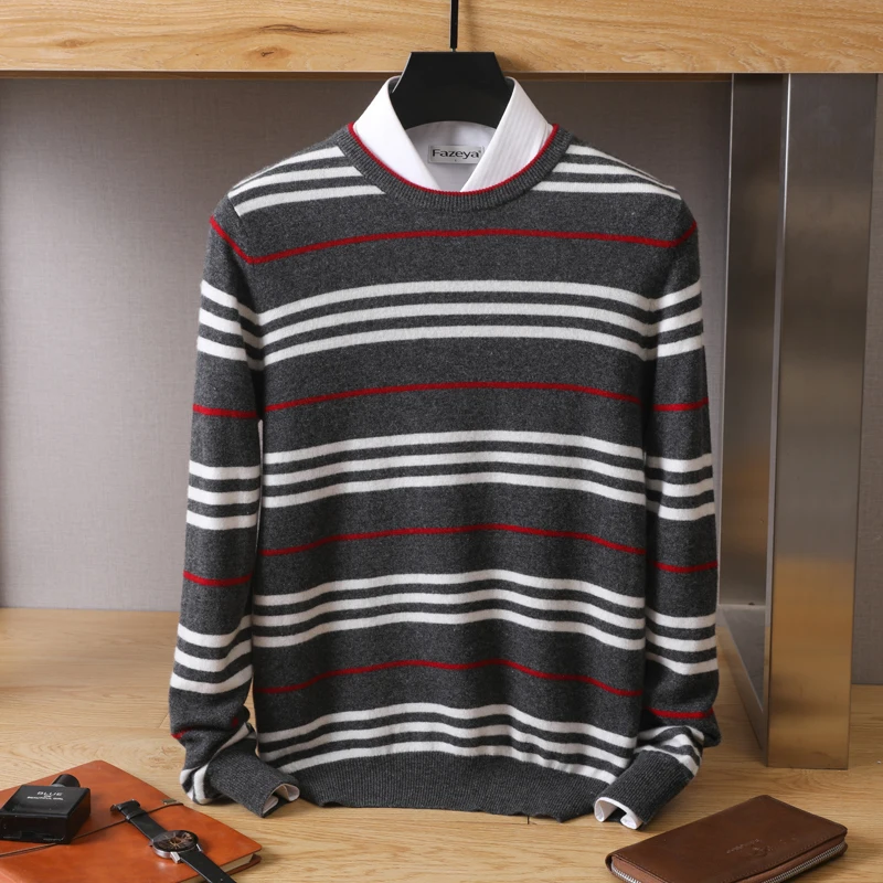 100% pure wool sweater men's round neck pullover spring and autumn new knitted striped cashmere sweater