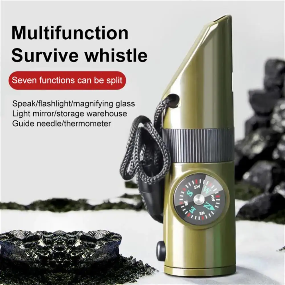 

7 In 1 Survival Whistle Compass Thermometer Mirror Torch Magnifier Outdoor Tactical Camping Hiking Emergency Training Tools