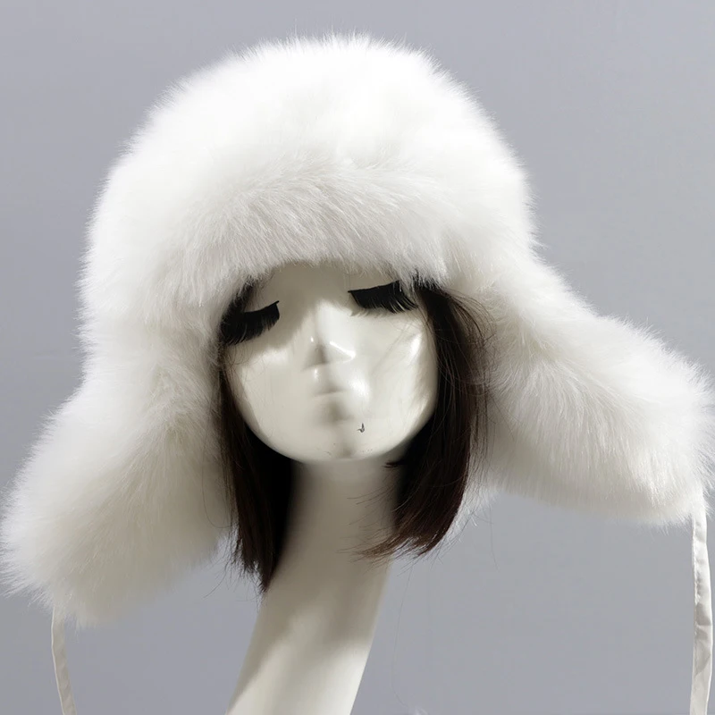 Fur Bomber Hats for Women Russian Hat Fluffy Winter Cap with Ears Flaps Windproof Female Beanies Bonnets