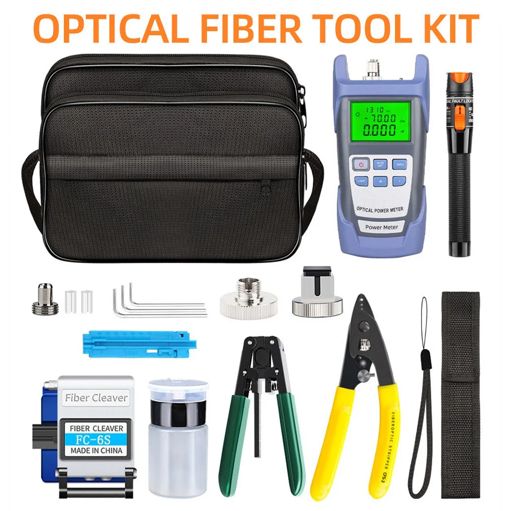 19pcs/set FTTH Fiber Optic Tool Kit with Fiber Cleaver -70~+10dBm Optical Power Meter 10mw Visual Fault Locator Accessory Bag