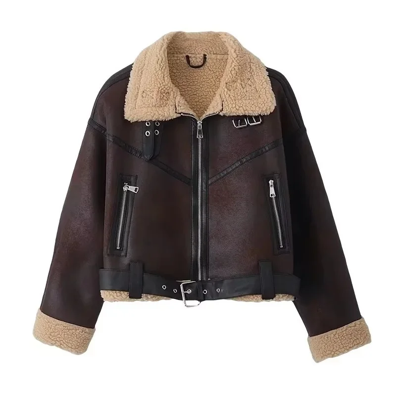 

Women Jackets Autumn and Winter New Fur Integrated Jacket Spicy Girl Women Fashion Street Trend Polo Neck Short Motorcycle Coat
