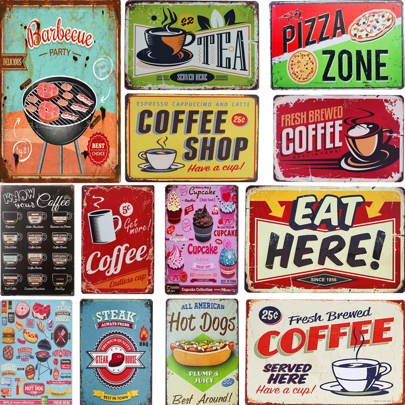 

Vintage Metal Signs Delicate Fast Food BBQ Tin Plaque Restaurant Home Bar Cafe Kitchen Wall Decor Retro Posters Iron Painting