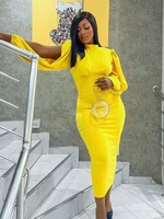 yellow midi dresses women o neck bodycon long sleeve office work evening birthday event african gowns summer outfits for woman