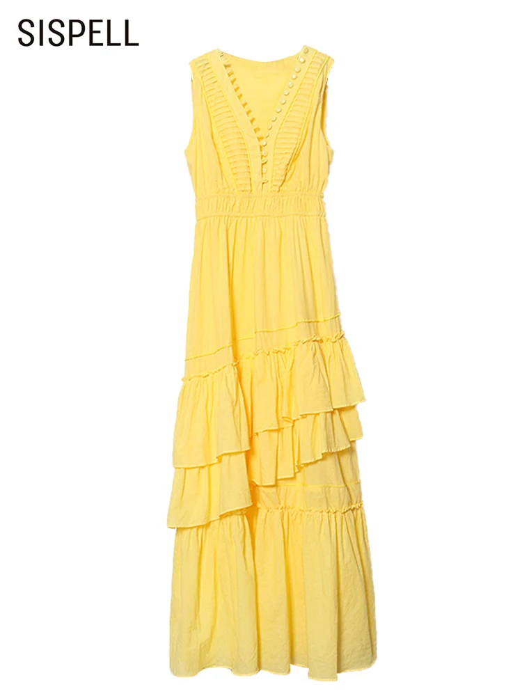 

SISPELL Patchwork Ruffles Dress For Women V Neck Sleeveless Plain High Waist Fold Pleated Sexy Dresses Female 2022 Summer Style