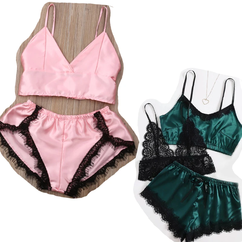 

Пижамный комплект Женский из 2 предметов/3 предметов, кружевное соблазнительное белье с V-образным вырезом, атласные шелковые шорты без рука...