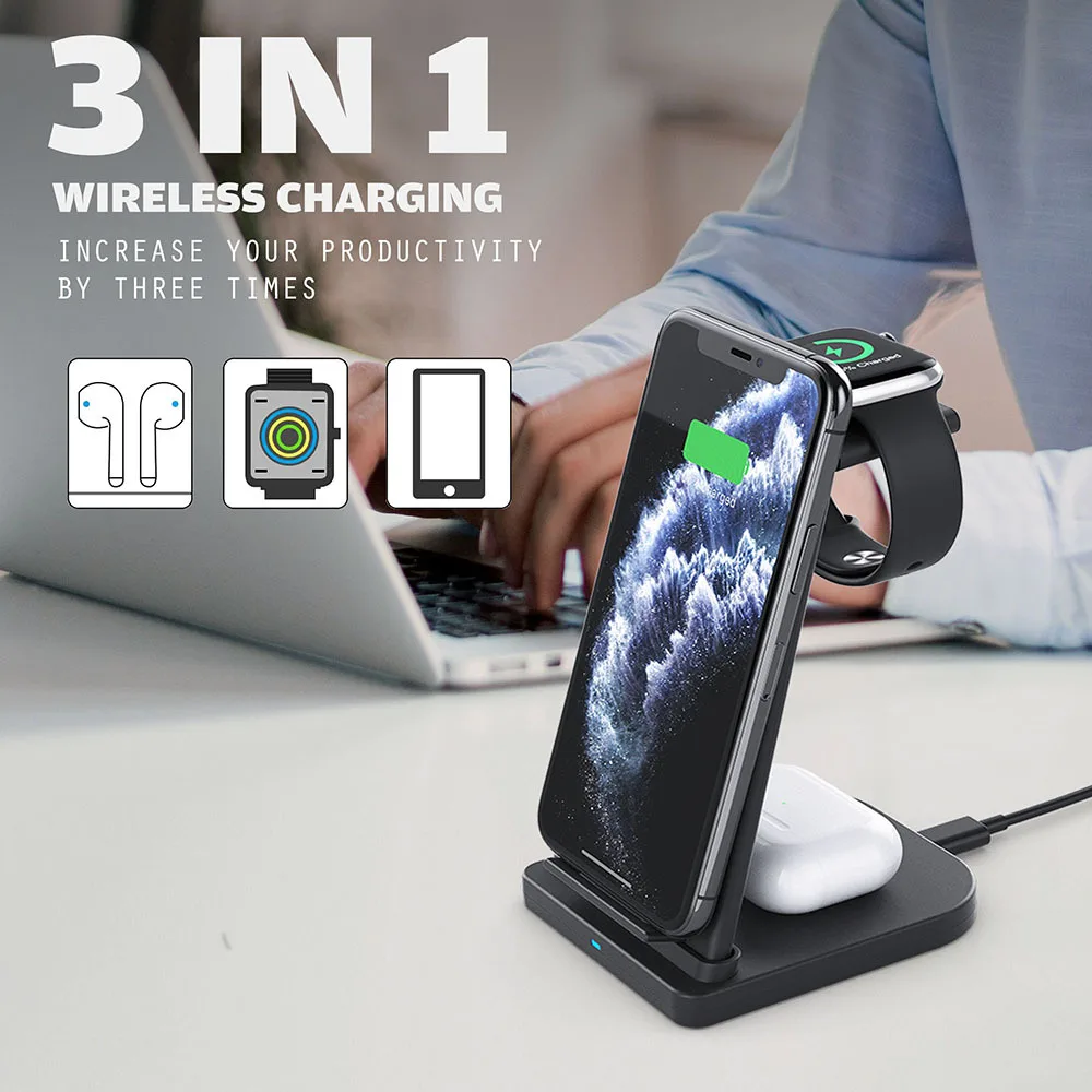 

3 In 1 15W Wireless Charger Foldable Stand Pad Qi Fast Charging Station for iPhone iWatch Airpods Pro Samsung Quick Charge