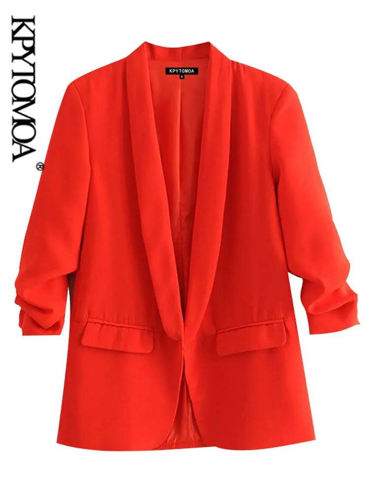 KPYTOMOA Women Fashion Office Wear Basic Blazers Coat Vintage Pleated Long Sleeve Pockets Female Outerwear Chic Tops | Женская одежда