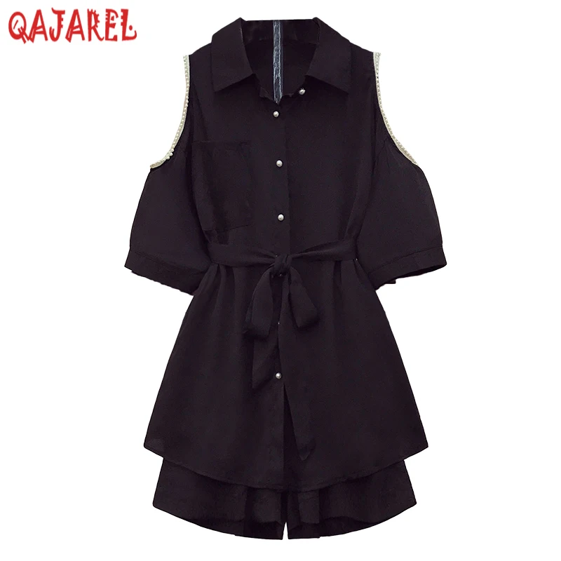 

2023 Black Chiffon Beading Strapless Sexy Shirt+black Shorts Two Piece Sets Womne Summer New Korean Fashion Elegant Bodycon Sets