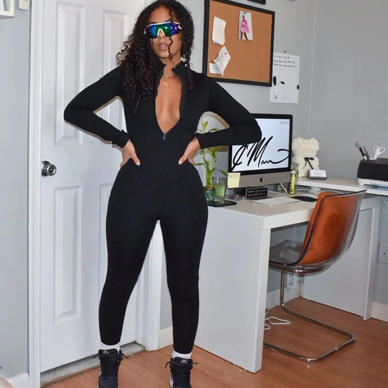 Solid Front Zip Bodycon Jumpsuit Women Clothing Casual Long Sleeve Rompers Sporty Fitness Workout Overalls Enterizos Para Mujer