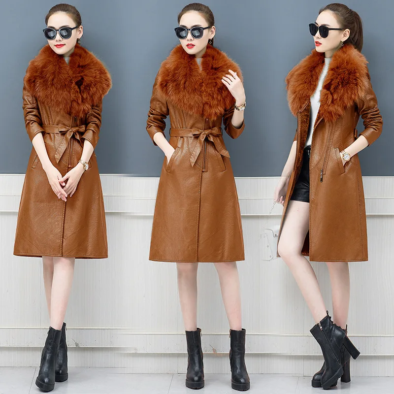 Large Fur Collar Fur Coat Winter Fur Coat Women's Medium Length  Slim Waist Long Fur Leather Jackets Lady Elegant Style Coat