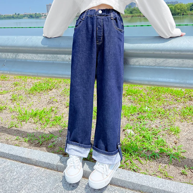 

Fashion Jeans for Girls Pants Spring Autumn Children Korean Elastic Waist Loose Wide Leg Trousers Denim School Kids Clothes Cool
