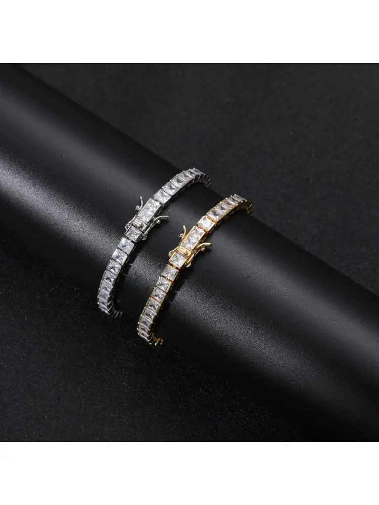 

2022 New 6mm Square 4*4mm Cubic Zircon Tennis Bracelet Silver Color Baguette Chain Hip Hop Jewelry For Men Women Iced Out 8inch