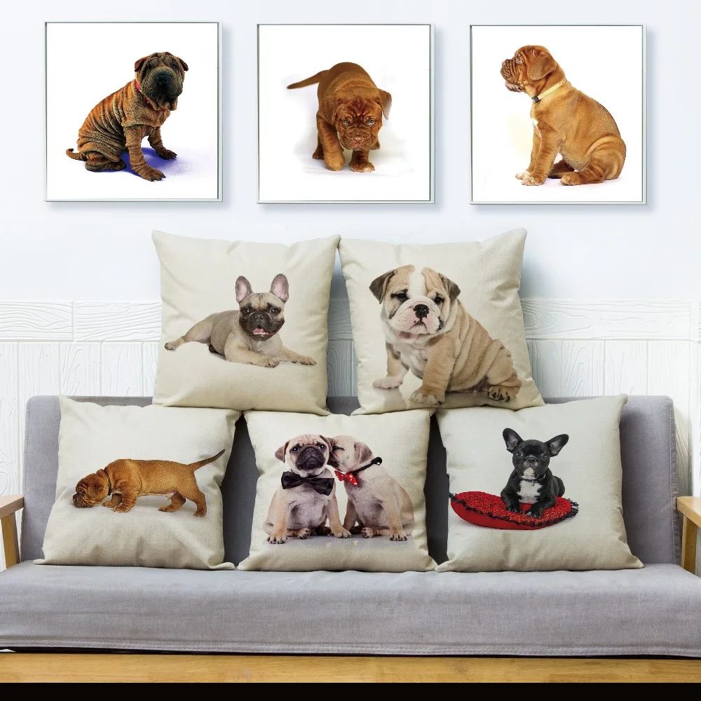 

Льняной Чехол 45*45 с изображением французского бульдога собаки, наволочка для дивана, домашний декоративный чехол с принтом животных, наволо...