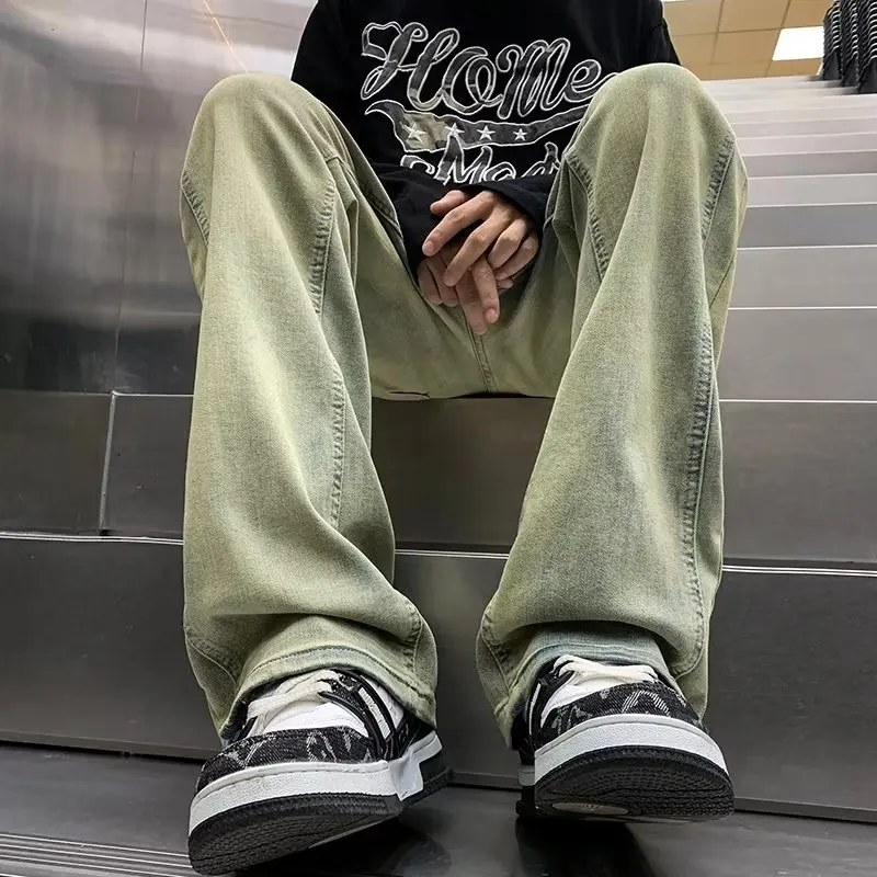 

Simple Straight Leg Jeans Mens Fashion Trends Streetwear Teenage Baggy Solid Denim Pants Side Patchwork Trousers Casual Clothes