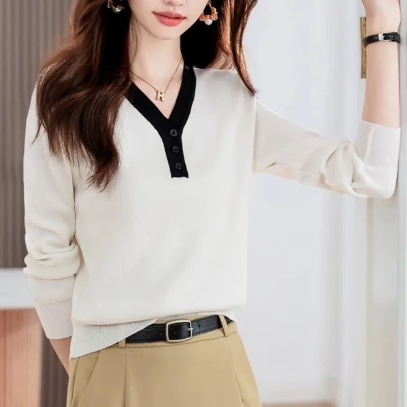 

Autumn Long Sleeve Pullover V-neck Button Sweater Fashion Women Pullovers Loose Short Bottoming Shirt Female Clothing New 28882