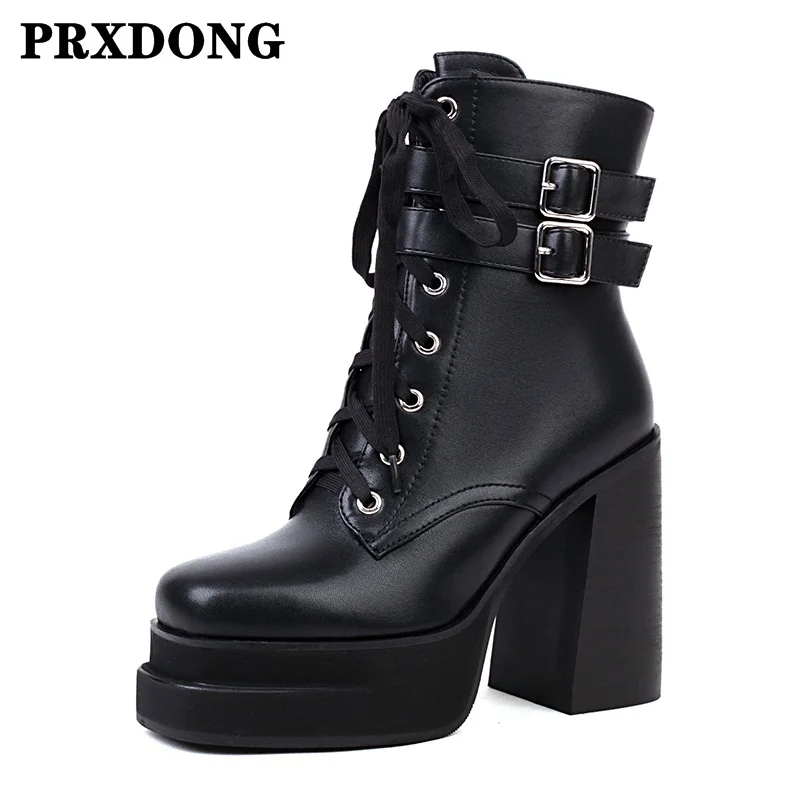 

2022 New Punk Women's Ankle Boots Microfiber Leather Autumn Winter Thick High Heels Platforms Black Punk Stretch Boots Shoes us8