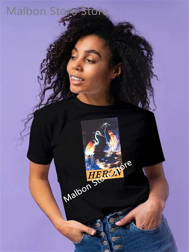 

Europe and the United States fashion brand ladies cotton crane printed T-shirt men and women street Hip Hop T-shirt top