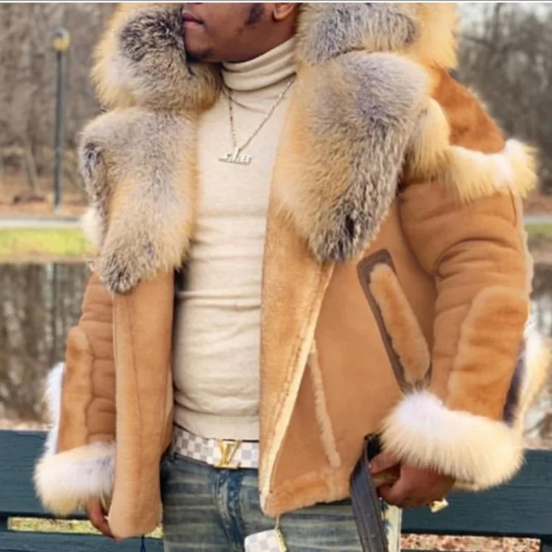

Casual Side Slit Pocket Brown Solid Lapel Faux Fur Zipper Youth Winter Jacket Thicken Fashion Plush Collar Lapel Windbreaker
