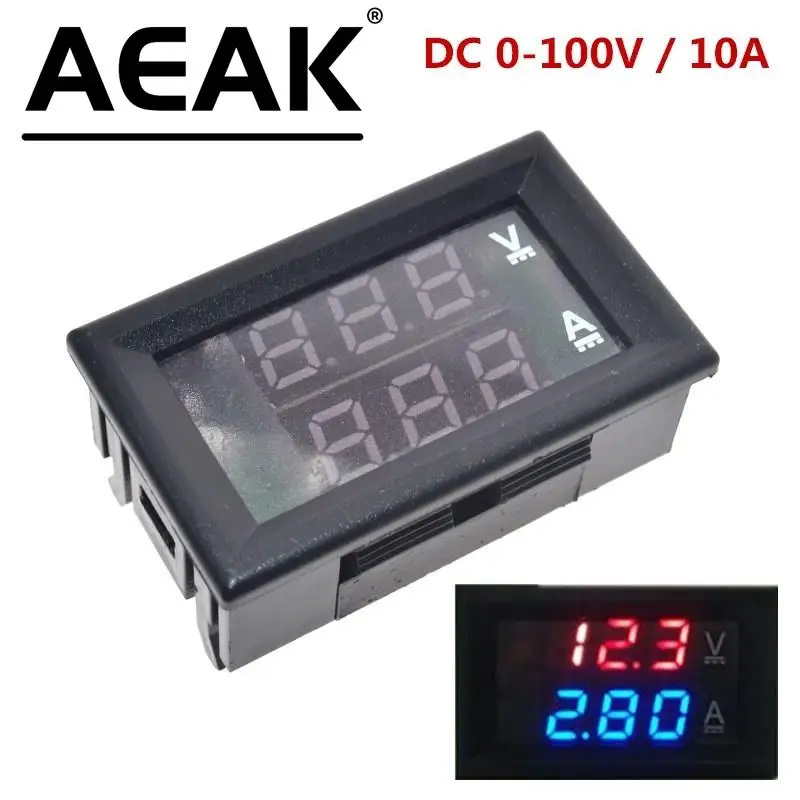 Цифровой вольтметр AEAK, постоянный ток 0-100 в, 10 А, амперметр, двойной дисплей, детектор напряжения, стандартный индикатор напряжения, 0,28 дюйма, красная, синяя