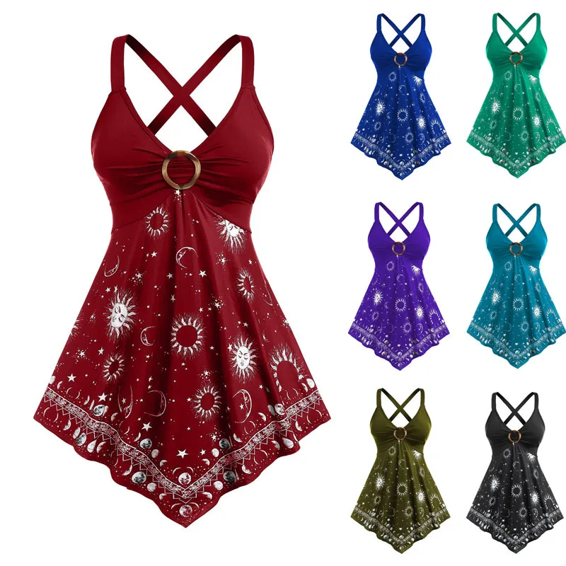 

Printed Tank Top Women Sleeveless V-Neck Hollow Out Vests 2022 Summer New Casual Sexy Multicolor Vest Elegant Ladies Tops