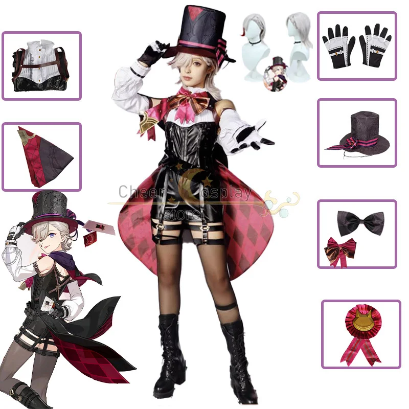 

Genshin Impact Lyney Cosplay Costume Wig Fontaine Lyney Leather Uniform Hat Dress Short Hair Skirt Glove Outfit Tail Magician