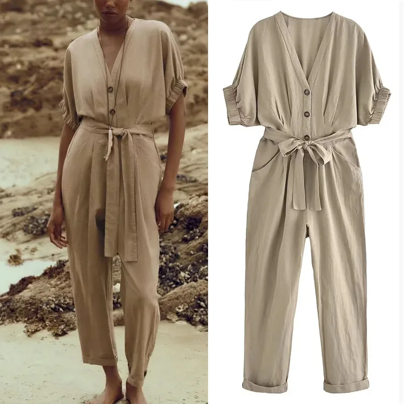 

Комбинезон женский летний с V-образным вырезом и коротким рукавом