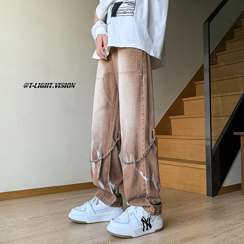 Mężczyźni Tie Dye Gradient Color Brown Jeans Mens American Retro Jean Pants High Street Trendy Brand Chain Design Cargo Techwear