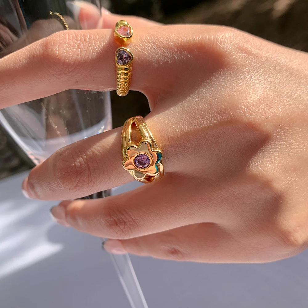 

CHL 18K Gold Filled Love Flowers Open Ring For Women Purple Cz Punk Ring Niche Design Temperament Finger Ring Fine Jewelry