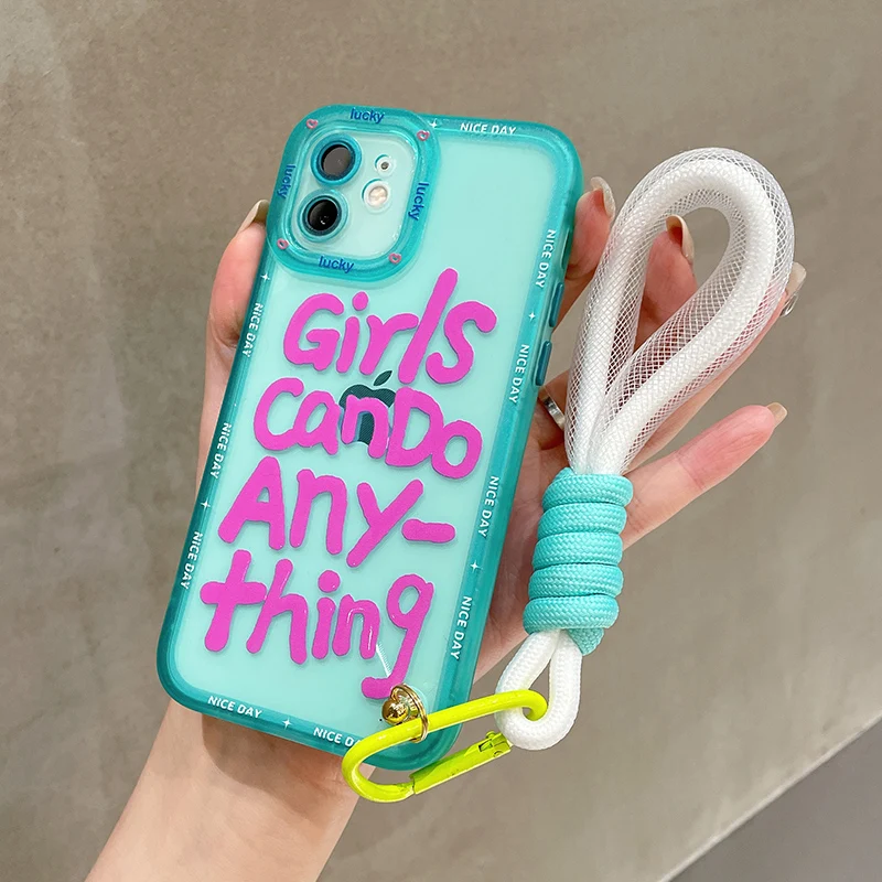

Korea Cute Graffiti Letter Phone case For iphone 13 12 Pro Max 11 XR X XS 7 8 plus Fluorescent Hand Straps Short Rope Soft Cover