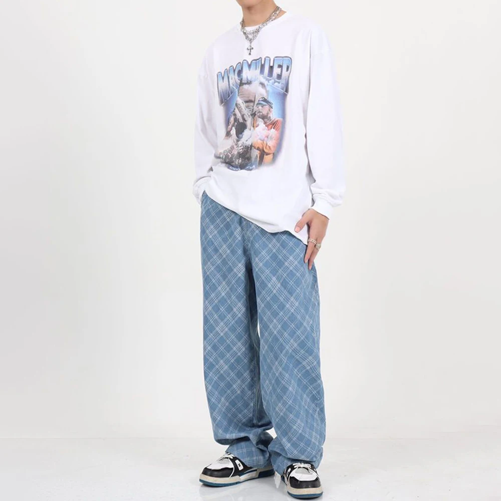 Men Jeans Plaid Baggy Jeans Fashion Loose Straight Wide Leg Pants Streetwear Harajuku Trousers Oversize Hip Hop High Street