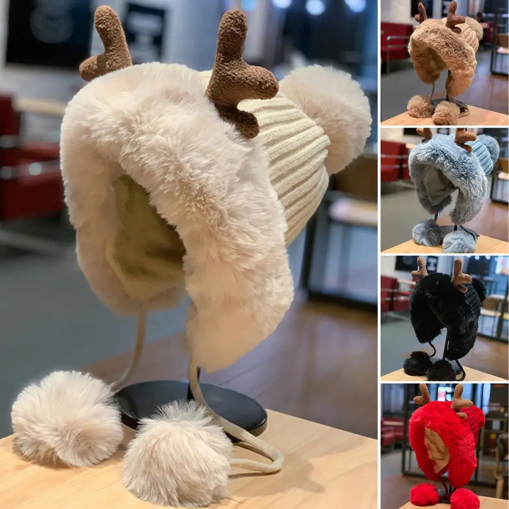 

Women Warm Hat Thickened Fur Balls Decor Plush Lining Windproof Comfortable Ear Protection Christmas Gifts Autumn Winter Cute Re