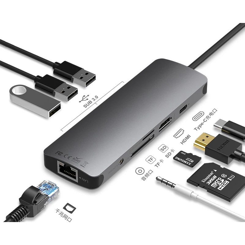 

9 in 1 USB C Hub USB-C Hub 1000mbps RJ45 4K HDMI 100W Power Delivery 3.5mm Audio 3 USB-A microSD SD Card Reader for laptops